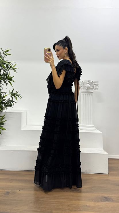 Black Layered Ruffle Special Design Chiffon Evening Dress